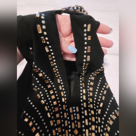 Paradiso Black and Gold Rhinestone Gem Embellished Mini Halter Dress Size Large - Picture 8 of 15